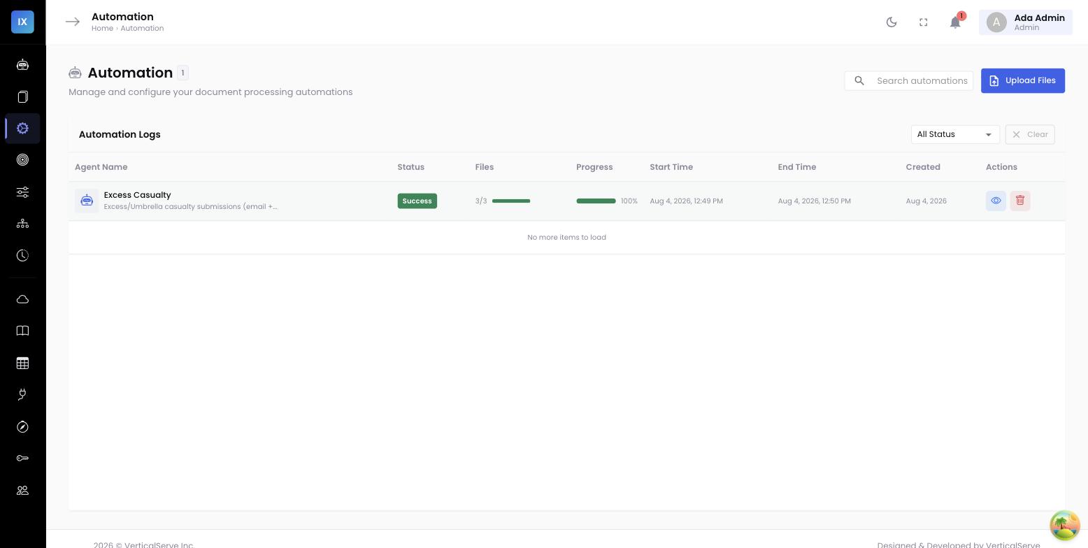 InsightXtract console — The multi-document run view for one submission a list of the five documents (email, ACORD 125, ACORD 131, SOV, loss run) each with its own class, extraction status, and confidence summary